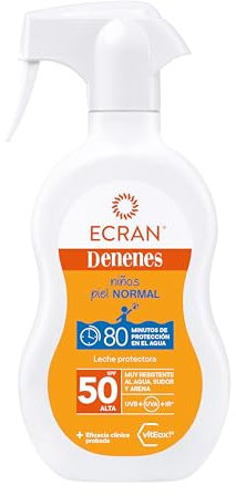Ecran Denenes - Leche Protectora Solar FPS 50 para Niños en Spray 80 Minutos de Protección en el Agua UVB, UVA e IR-A con Extracto Algodón y Vitamina 270ml