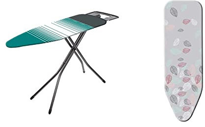 Minky Extra Wide Large Ironing Board with Steam Generator Iron Compatible Rest, HH40707103K, Black & Extra Wide Elasticated Large Ironing Board Cover, Grey, 122 x 43cm