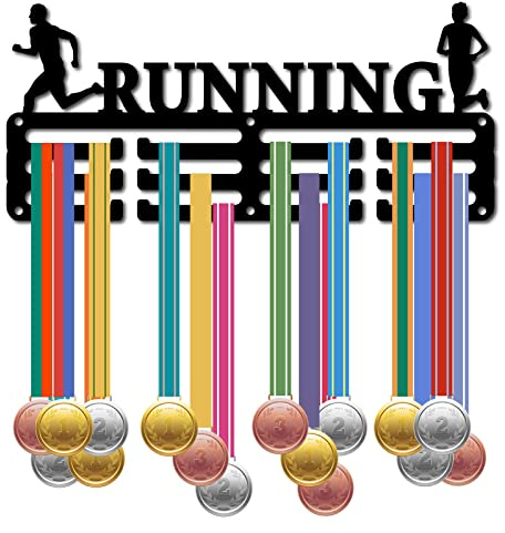 CREATCABIN Lauf-Medaillenaufhänger Medaillenhalter Rack Sport Metall Aufhängen Auszeichnungen Eisen Kleine Halterung Dekor Auszeichnungen Für Wand Zuhause Abzeichen Rennläufer Marathon Schwarz 29x13cm