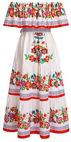 FYMNSI Mexican Fiesta Maxi Dresses for Women Off Shoulder Boho Floral Print Flowy Tiered Long Peasant Dress Graphic Traditional Bohemian Summer Beach Slim Waist Casual Party Dress White 3XL