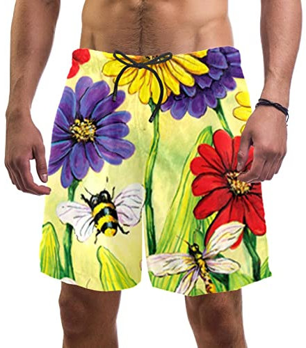 WOSHJIUK Herren-Badehose, schnell trocknende Boardshorts mit Netzfutter,Frühlingsblume Biene buntes Feld,Strandshorts Herrenshorts