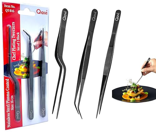 Professional Chef Plating Tweezers, 16cm/6.3-Inches Set of 3 (Straight, Curved and Offset), Precision Culinary Tongs, Hand Made from High-Grade Stainless Steel Plasma Coated | 16cm Black