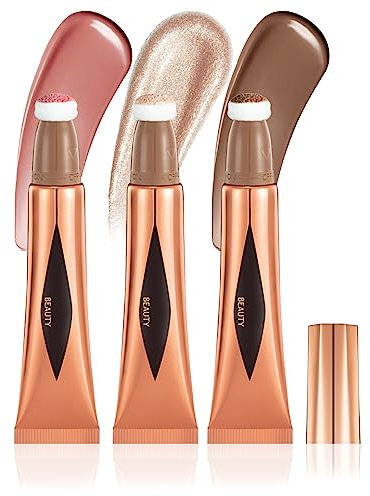 Prreal 3PCS Contour Beauty Wand, Cream Matte Face Blush Highlighter with Cushion Applicator, Lightweight Liquid Concealer Blush Highlighter Stick, Shimmer Long Lasting Body Face Makeup Pen(01+03+05)