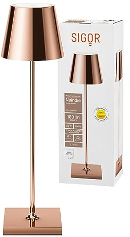 SIGOR Nuindie - Dimmbare LED Akku-Tischlampe Indoor & Outdoor, IP54 spritzwassergeschützt, Höhe 38 cm, aufladbar mit easy-connect, 12 h Leuchtdauer, kupferfarben