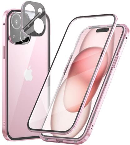 MIMGOAL Custodia a 360 gradi per iPhone 15 Plus, con cornice magnetica in metallo per tutto il corpo, custodia protettiva anteriore posteriore in vetro temperato trasparente, sottile, rosa