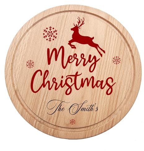 Create Cherished Memories with Our Personalised Wooden Christmas Cheese Board – Add Your Family Name for a Custom Merry Christmas Touch! This Festive Round Platter (The Surnames Reindeer)