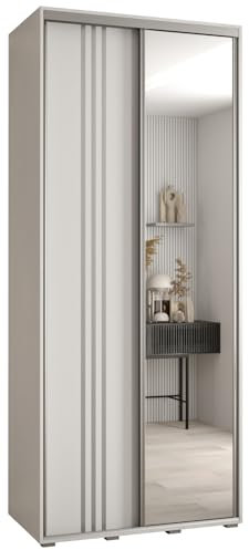 MEBLE KRYSPOL Davos 7 120 Schlafzimmerschrank mit Zwei Schiebetüren - Moderner Aufbewahrungsschrank mit Spiegel, Kleiderstange und Regalen - 235,2x120x45 cm - Weiß Weiß Silber