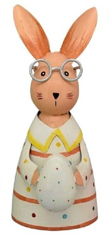 ETC fröhlich bunter Zaunhocker Hase mit Brille und Ei Metall bemalt grün weiß pink (weiß)