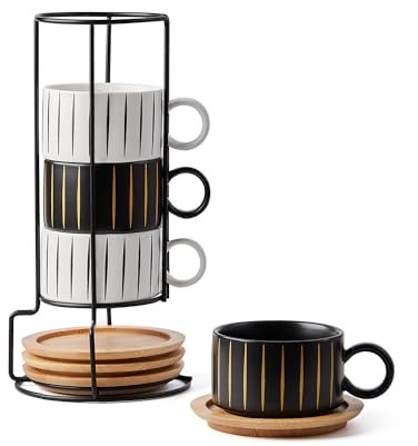 HOME DECOR Set di 4 tazze da caffè impilabili in ceramica, 180 ml, con supporto in metallo, per espresso, cappuccino e latte, collezione a righe