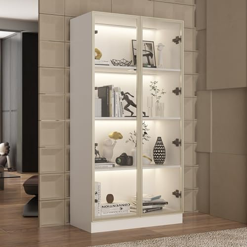 Caldion Vitrinenschrank mit Glastüren und Beleuchtung, Glasvitrine Stehend mit 4-stufigen Einlegeböden, Pop-up Design,Vitrine mit Glastüren Weiß