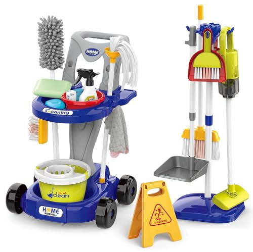 Kids Cleaning Set for Toddlers Pretend Play Housekeeping Supplies Kits with Real Working Vacuum Cleaner, Broom, Spray Bottle, Dust Pan and More Role Play Educational Toys for Toddler Boys Girls (Blue)