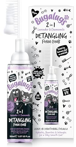 Bugalugs Pet Detangler Foam Comb - leave In conditioner spray for de matting. No tangles. Professional dog grooming formula with Wheat protein. Dog Detangler Spray knot removal (Lavender & Chamomile)