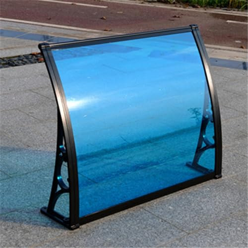 Türdach Überdachung Pultvordach Markise Fenster Schwarze Kunststoffhalterung und blau Platte Polycarbonat,Pavillion Türvordach Regenschutz Beständiger Eingangstür Garage Balkon (80×220cm)