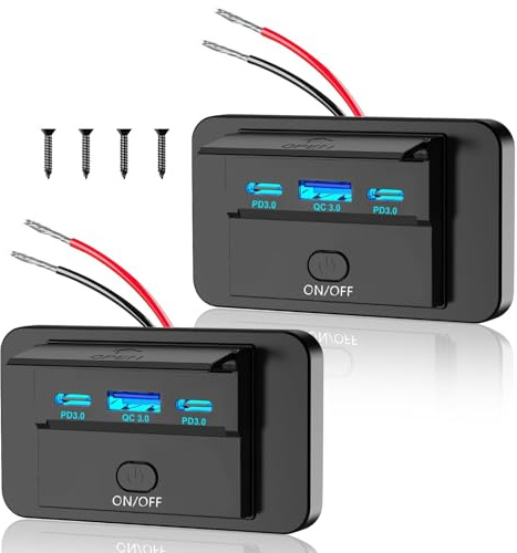 2 Stück 12V RV USB Steckdose 90W mit 3 Anschlüssen, Dual PD30 Type-C Schnellladung 72W & QC30 18W Wandhalterung, USB-Ladegerät für Auto Wohnmobil Boot Bus ATV Motorrad LKW