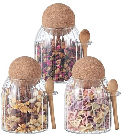 Eden & Willow Clear Glass Kitchen Jar with Cork Ball Lid and Bamboo Spoon | BPA-Free Mason Canister for Coffee, Beans, Spices, Dry Foods (Set of 3, 0.5L, Ribbed), GLS-CN-6487/1355