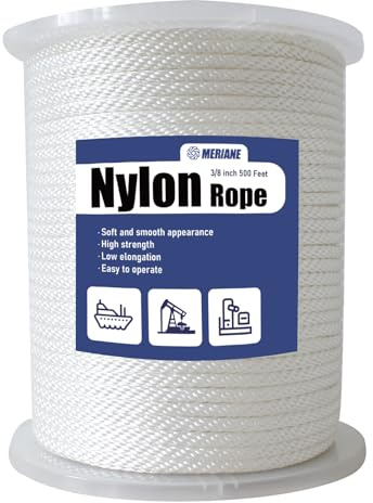 MERIANE Nylon Rope 500 Ft 3/8 Inch – Multipurpose Solid Braided Rope – Ideal Use for Camping, Clothesline, Marine, Flag Line – Abrasion & UV Resistant – Shock Absorption Rope for Indoor Outdoor