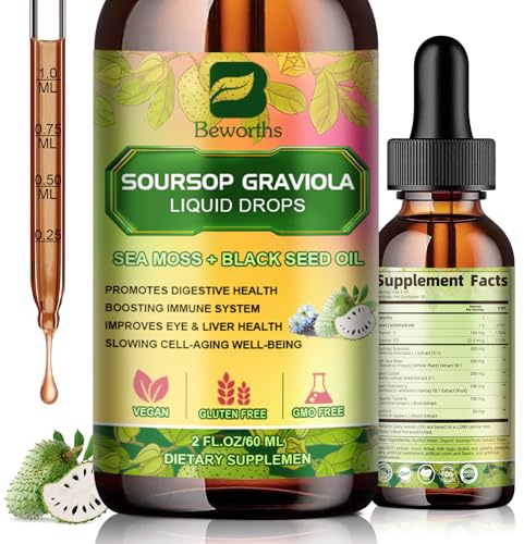 Soursop Bitters Liquid Drops with Irish Sea Moss, Black Seed Oil, Soursop Graviola Leaves Extract - Multivitamin Complex Supports Antioxidant, Slowing Cell-Aging, Gut Cleanse, Detox & Immunity Health
