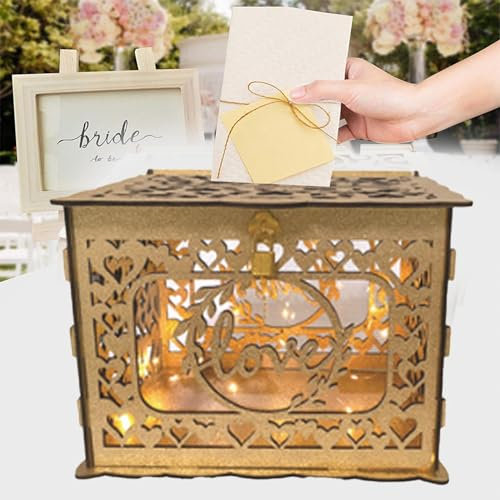Aladeno Hochzeitskartenbox mit Schlitz und Deckel, goldfarben, ausgehöhltes Holz, einfache Montage, Hochzeitsgeschenk, Liebeskartenhalter für Empfang, Party, Dekoration, Baby,