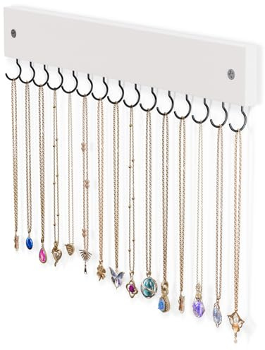 Lolalet Soporte para Collares de Pared con 15 Ganchos, Colgador de Madera de Joyería Organizador de Joyas para Cadenas Pulseras -Blanco
