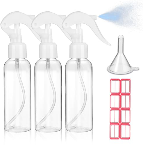 3 Stück Sprühflasche, 100ml Kleine Sprühflaschen zum Befüllen Transparente Leer Feinen Nebel Sprühflasche mit Etiketten Trichtern Reise Zerstäuber für Flüssigkeit Kosmetik Reinigung Körperpflege