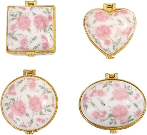Mini boîte à Bijoux avec Couvercle à charnière en Porcelaine, Lot de 4, Papillon Floral, Petite boîte à Bijoux Vintage en céramique, Boucles d'oreilles, Bague, Organisateur, boîte à Souvenir