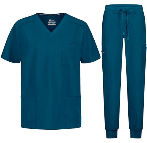 B-well MATTEO herrskrubbset slip-väska + yogaler byxor set medicin läkare uniform medicinska arbetskläder med elastan, Karibisk grön, S