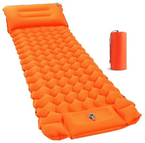 Lishetimig Inflatable Camping Sleeping Pad with Built-in Foot Pump & Pillow, Ultralight Waterproof Camping Mattress, Compact Sleeping Mat for Backpacking Hiking Travel Tent (Orange)