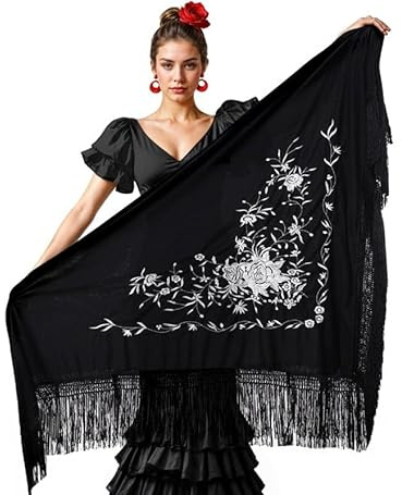Partilandia | Mantón negro bordado blanco de 200x95 cm (Talla Única)