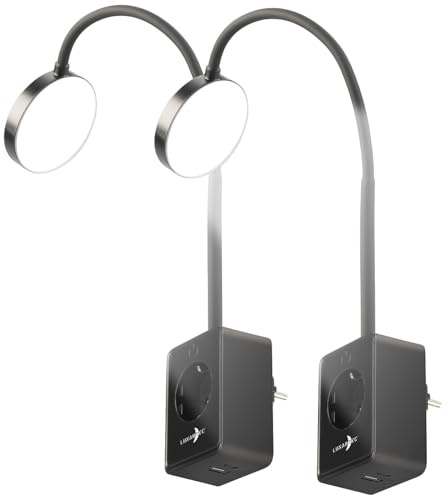 Lunartec Leselampe Buch: 2er-Set dimmbare CCT-LED-Steckerleuchten mit Steckdose, schwarz (Schwanenhals-Steckdosenleuchte, Steckdosenleuchte mit USB-Port, Netzteil)
