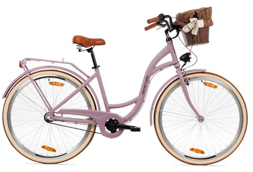 Goetze Style 28 Zoll Damen Citybike, 18 Zoll Tiefeinsteiger Aluminiumrahmen, 3-Gang Nabenschaltung, Rücktrittbremse, V-Bremse, LED-Beleuchtung, Rattankorb, Komfortsattel, mit Ständer & Klingel