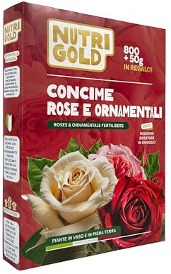 NutriGold® concime Rose e Fiori | Fertilizzante per Rose, Fiori e Piante Fiorite - Stimola Fioriture Ricche dai Colori Intensi - Nutrienti 100% Naturali a Km0 - Formato Solido da 800g + 50g Omaggio