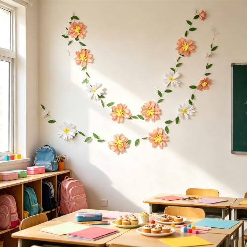 Easy Joy 2er-Set Gänseblümchen Blumen Girlande Rosa Weiß Papier Deko | Papierblumen Girlande für Geburtstag Kinderzimmer Einschulung Klassenzimmer Hochzeit Babyparty und Gartenparty