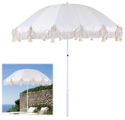 YAVYAV Parasol De Plage Haut De Gamme 220 Cm Avec Franges, Parasol D'extérieur Avec Inclinaison À Bouton-poussoir Et 16 Baleines, Pour Jardin De Cour De Villa En Bord De Mer, UPF50+