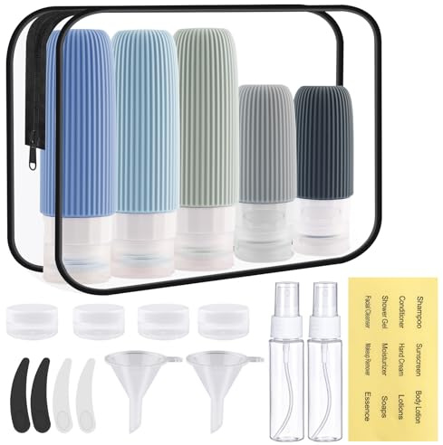 Zosenyer 20 Pack Botes Viaje Rellenables, Travel Bottles Silicona con Accesorios de Viaje, Neceser Kit Viaje Avión para Gel y Champu, Cosméticos, Lociones y Líquido, a Prueba de Fugas (Gris)