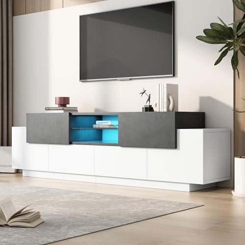 LANTRO JS TV Lowboard mit modernem LED, Fernsehschrank als Gaming Media Cabinet, Sideboard Wohnzimmer mit Zwei Schubladen und Vier Cabinets, 180x40x45cm, Weiß und Grau