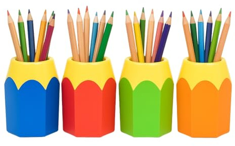 SIROCO Lot de 4 Pots à Crayons en Forme de Crayon 10 cm Plastique Coloré pour Bureau ou Chambre