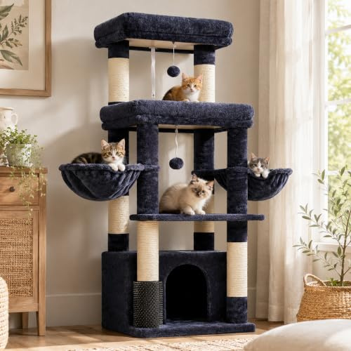 Hey-brother Kratzbaum für große Katzen, mit 2 Grosse Plattformen, MPJ070G | 130 cm Katzenbaum für Maine-Coons, symmetrische Struktur, Stabil, 2 korb, große Katzenhöhle, Kämmmaschine, Rauchgrau