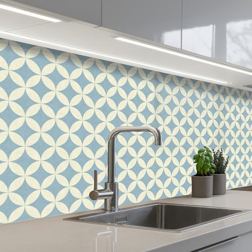 KitchenYeah© Paraschizzi Cucina Adesivo 60x200 cm Pannello Parete Paraspruzzi per Piano Cottura Geometrico - Fiore - Motivo - Blu