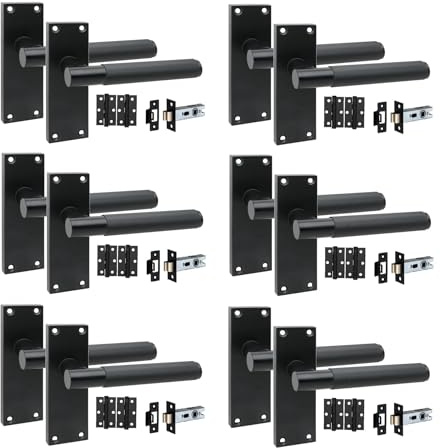 Golden Grace Victorian Door Handle Sets with 2.5 Latch, 6 Set Matt Black | Includes ball bearing hinges, spindle, and fixing screws. Linear T-bar style with zinc alloy 120mm x 40mm backplates.