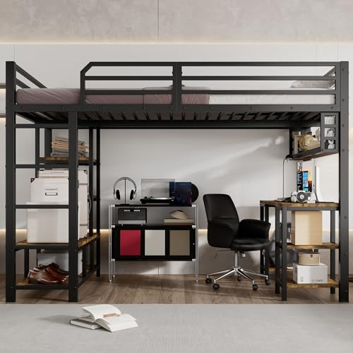 Merax Eisen Hochbett Etagenbett 120x200 cm mit Schreibtisch und Ablagefläche – Leiter und stabilen Lattenrosten, Jugendbett Metallgestell Schwarz Dunkelbraun,Ohne Matratze