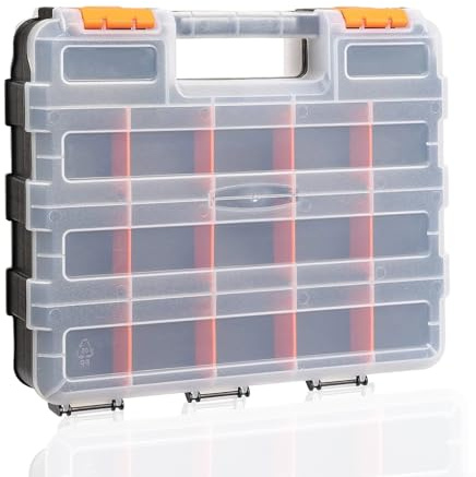 ATTEEFI Organizador de Tornillos Doble Cara, Naranja Caja Tornillos, 34 Compartimentos Caja Clasificadora de Herramientas con Asa, para Casa, Garaje, Estudio