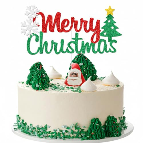 Red Green Merry Christmas Cake Topper Snowflake Toppers Glitter Holiday Xmas Cake Picks Decorations for Christmas Party Supplies