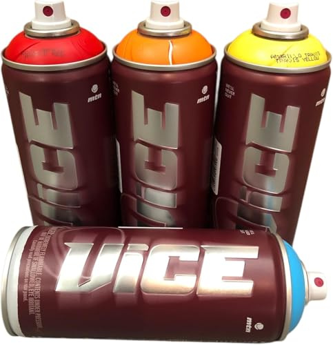 VICE MTN Spray Paint Professional, Set de 4 Botes de 400ml, Alta Presión, Secado Rápido, Colores Rojo, Naranja, Amarillo y Azul, para Arte Urbano y Graffiti