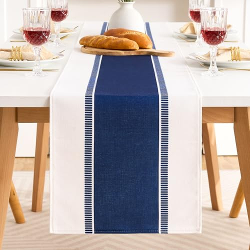 Runner Tavolo con Ampie Strisce Blu in Cotone e Lino 33x183cm, Runner Centro Tavola Moderno per Soggiorno, Tovaglia Rettangolare Campagnolo Decorazione per Tavoli da Pranzo di Feste e Matrimoni