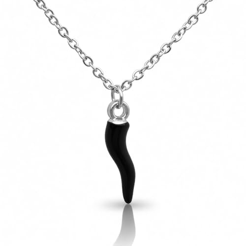 DEIMODRA Collana Corno Portafortuna Acciaio | Ciondolo a forma di Cornetto Smaltato | Regalo Porta Buona Fortuna | Vari Colori (Nero)