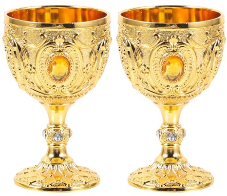 NUOBESTY Lot de 2 Gobelets en Métal Gravé Doré Calices Médiévaux Décoratifs Vintage Coupes à Vin Rétro pour Fêtes Décoration Château et Cosplay Verres à Liqueur Ornementés Élégants