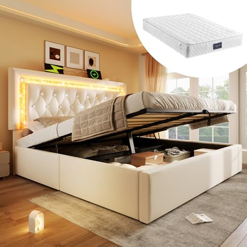 Jaxenor Doppelbett 140x200 mit Hydraulisch Stauraum, Polsterbett mit USB & Type-C Ladestation, Samt Bettgestell mit LED-Diamantband im Kopfteil, Jugendbett mit Lattenrost, Beige(Mit Matratze)