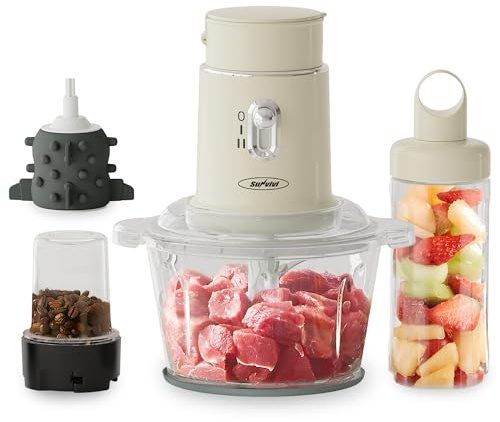 Sunvivi 250W Blender and Food Processor, 4 in 1 Electric Food Chopper for Grinding Meat, Peeling Garlic & Juicing, Variable Speed with 1.5L Glass Bowl & 2 Cups (0.4L+0.2L)