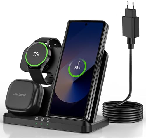 Chargeur sans Fil 3 en 1 pour Samsung, Station de Charge sans Fil pour S24ultra/S22Ultra/S23/Z Fold4/Flip4, Galaxy Buds Galaxy Watch8 Classic8/7/6/5/4, Non Compatible Galaxy Watch Ultra 2 et Watch9