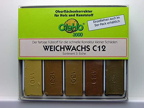 CleHo Weichwachs C12-5er Pack | Reparatur | Wachs | Holz | Möbel | Sortiment 3 | Eiche